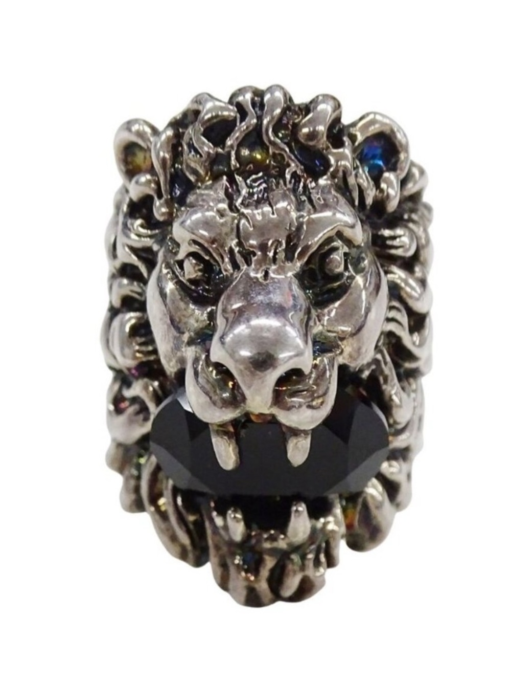 Unisex Gucci Lionhead sterling silver motif ring size 4 black crystal made Italy